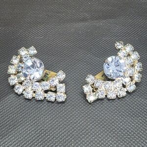 Vintage Rhinestone Clip-On Earrings Gold Tone Mid Century Sparkle